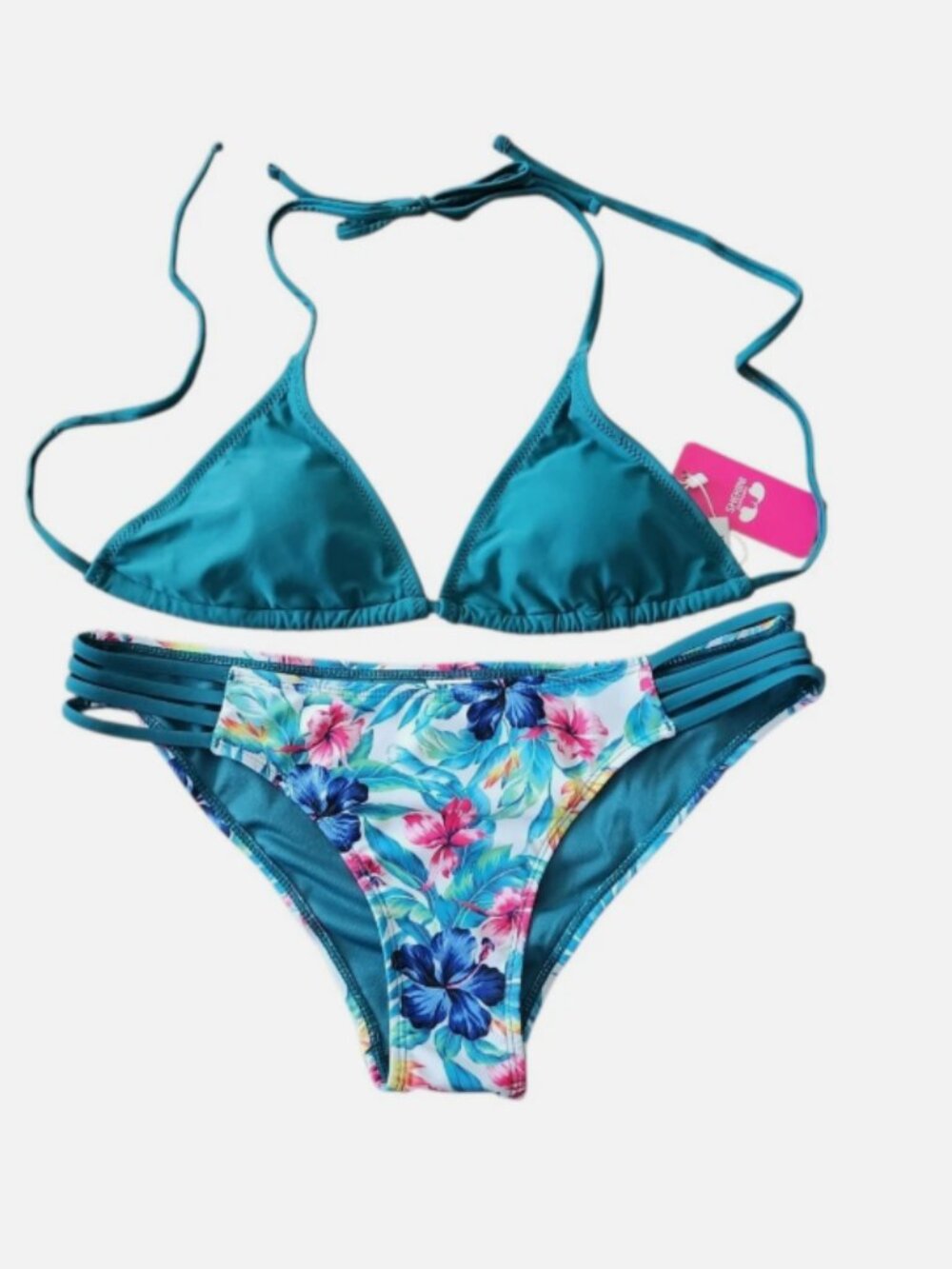 Shekini Bikini 2 pc Swimsuit Womens Size M / L Green Floral Tropical Print NWT